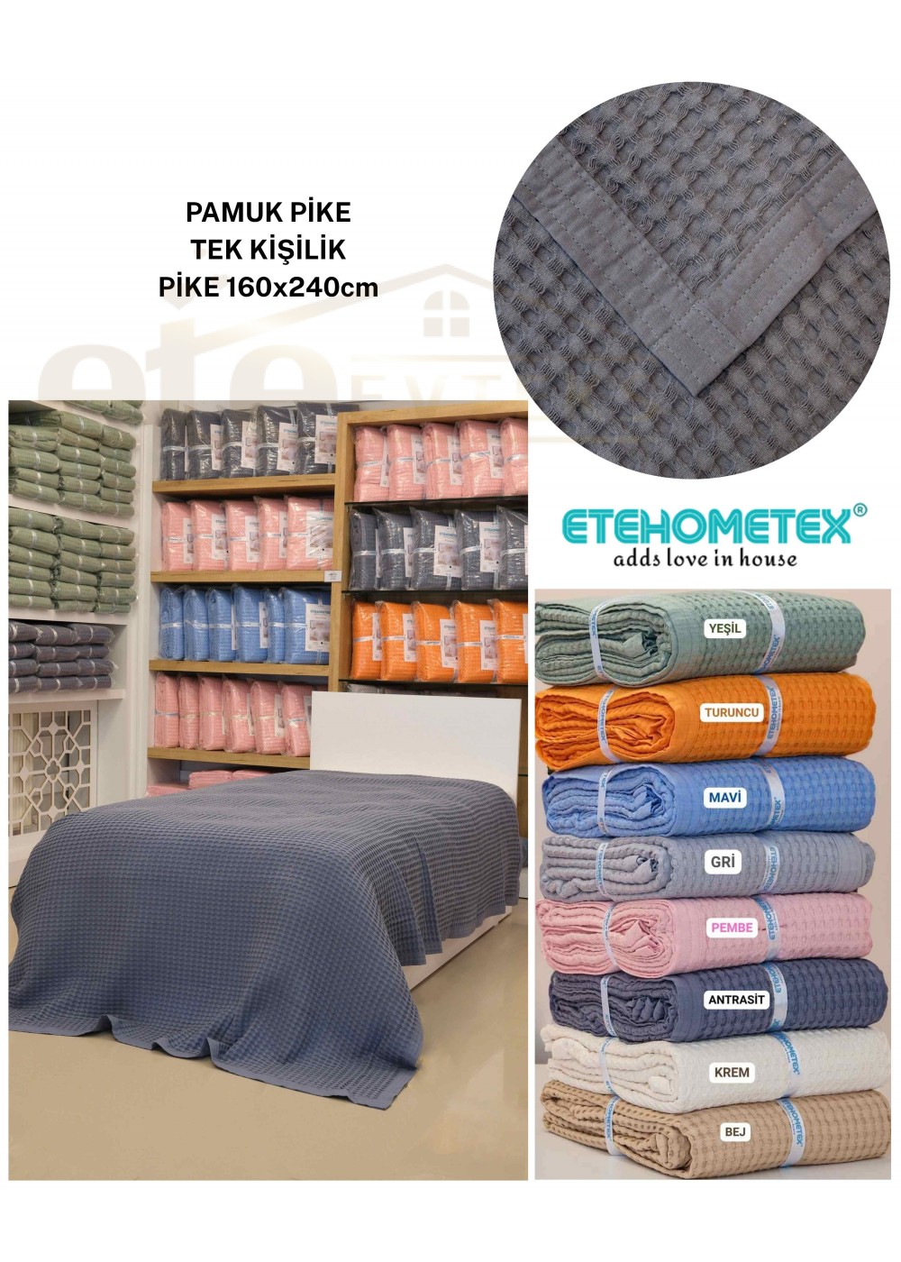 ETEHOMETEX HAVUZLU PİKE TEK KİŞİLİK 160X240CM ANTRASİT 8696474232083